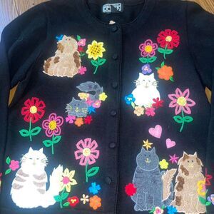 Rare Berek 2 by Takako Sakon Women's Black Multicolored Cats Knit Cardigan SZ M
